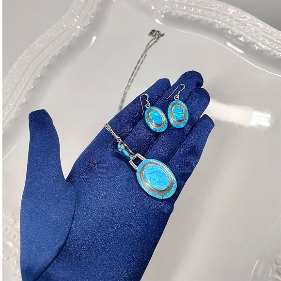Native American Blue Opal Necklace Earrings Set Oval 925 Sterling Signed MY - Picture 3 of 12
